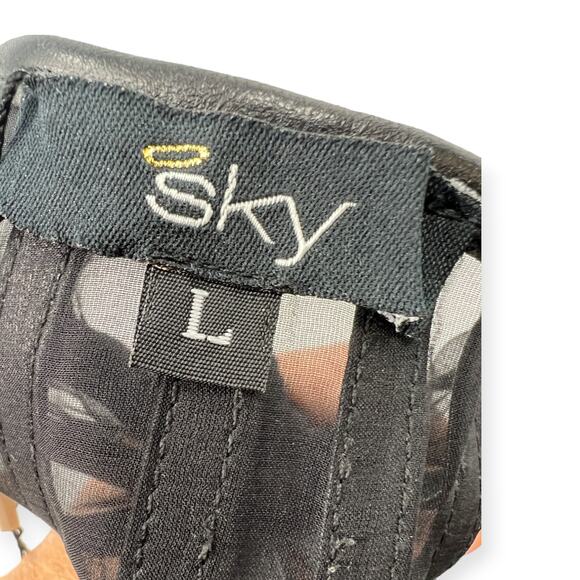 NWT SKY | L | Leather Trimmed Sheer Back Top Blouse Ruched Deep V GWENNO - Picture 8 of 9